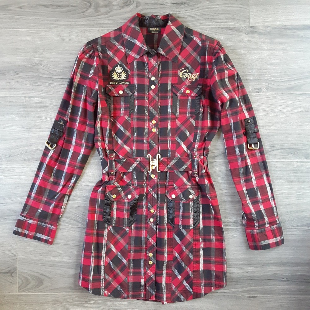Coogi Luxury Womens Red Black Plaid Metallic Belted Shirt Mini Dress Y2K Large